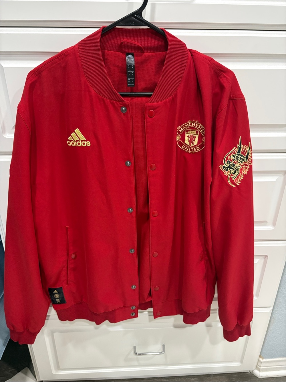 adidas Red Manchester United Dragon Embroidered Bomber Jacket